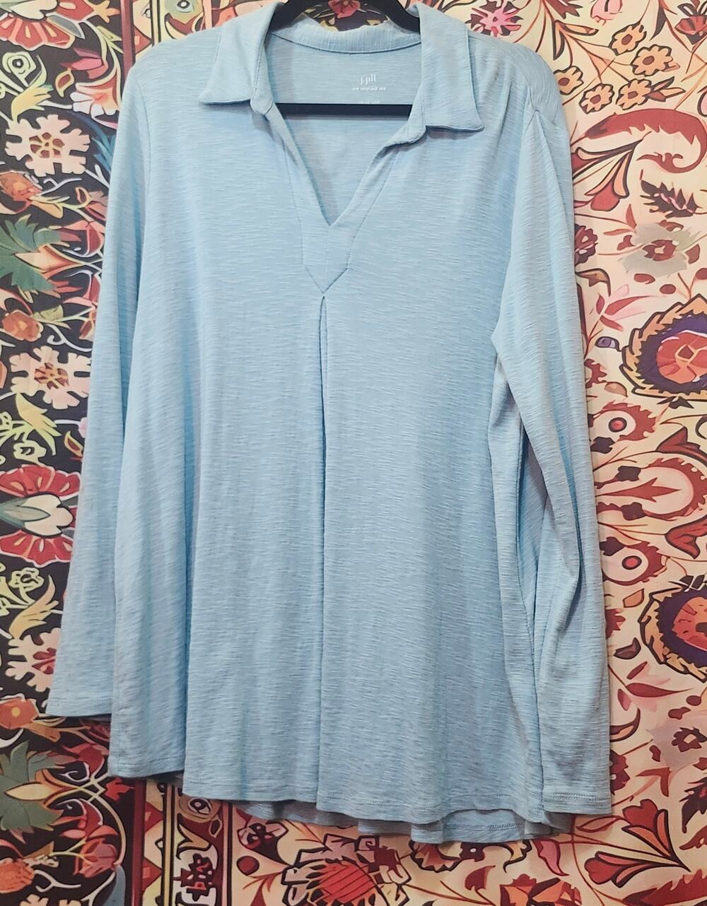 J Jill Sz Large Pima Cotton Ice Blue Center Pleat Polo Collar Subtle A Line
